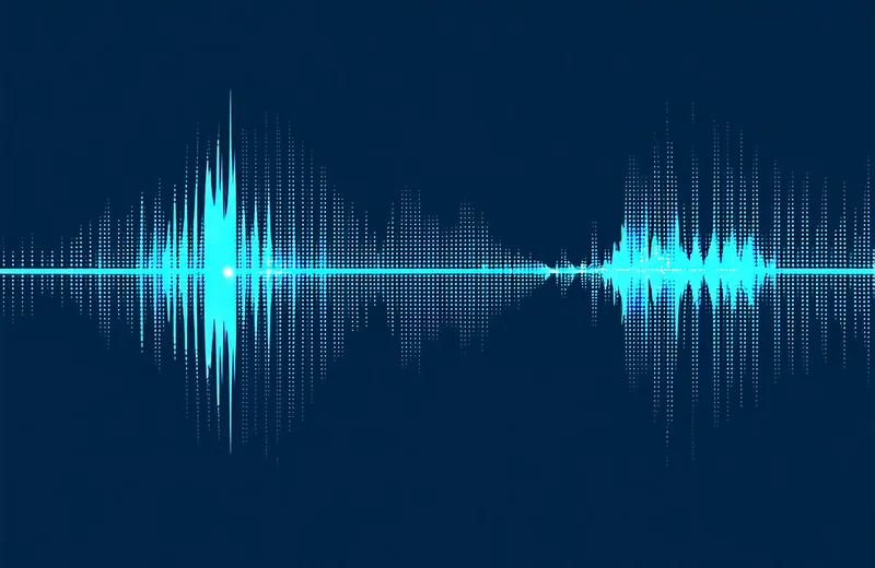 Abstract visualization of call audio being analyzed and converted into structured data signals, dark background with waveform and data flow elements